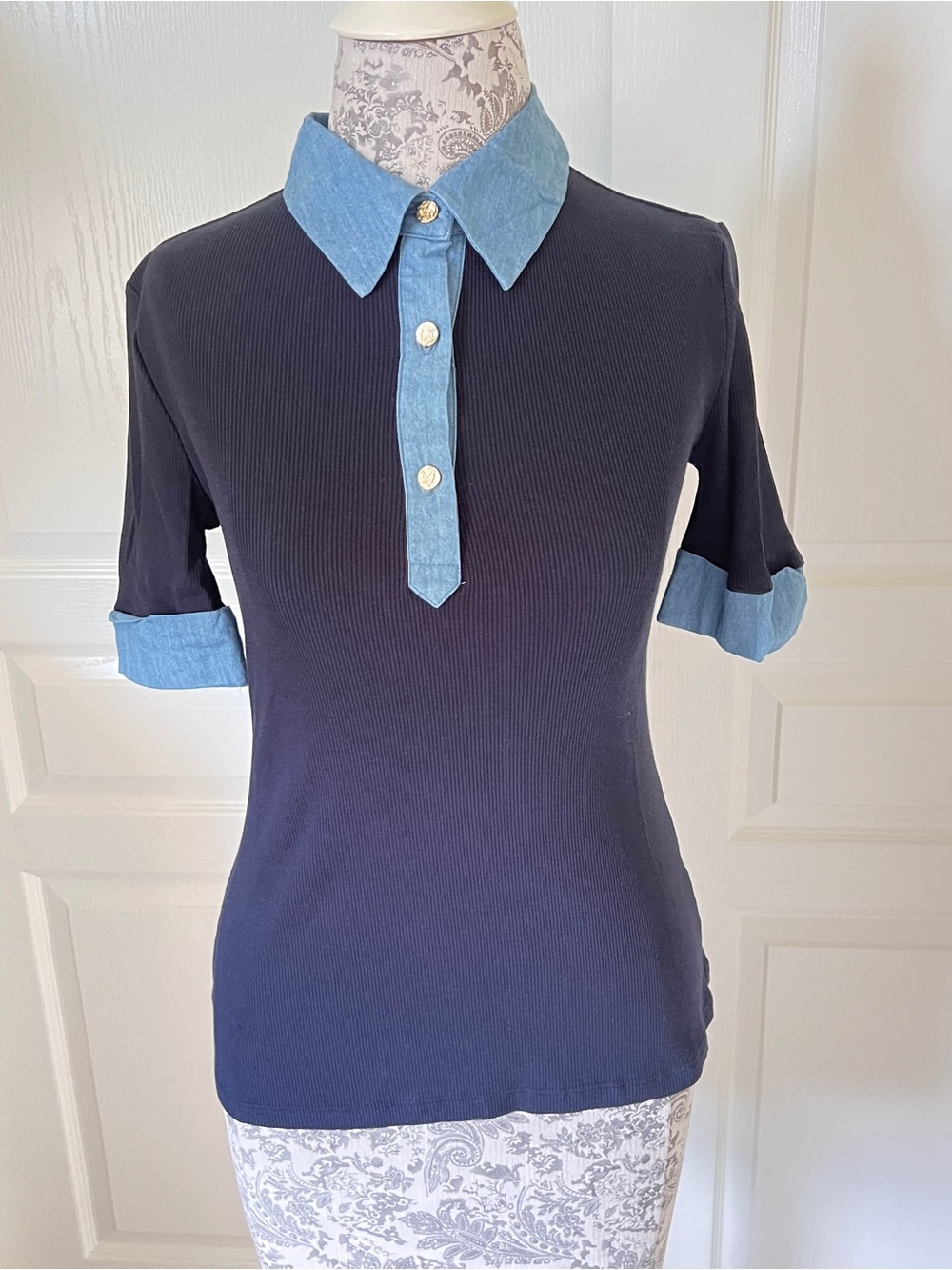 Truth Navy Polo Top with Light Blue Chambray Collar & Cuffs